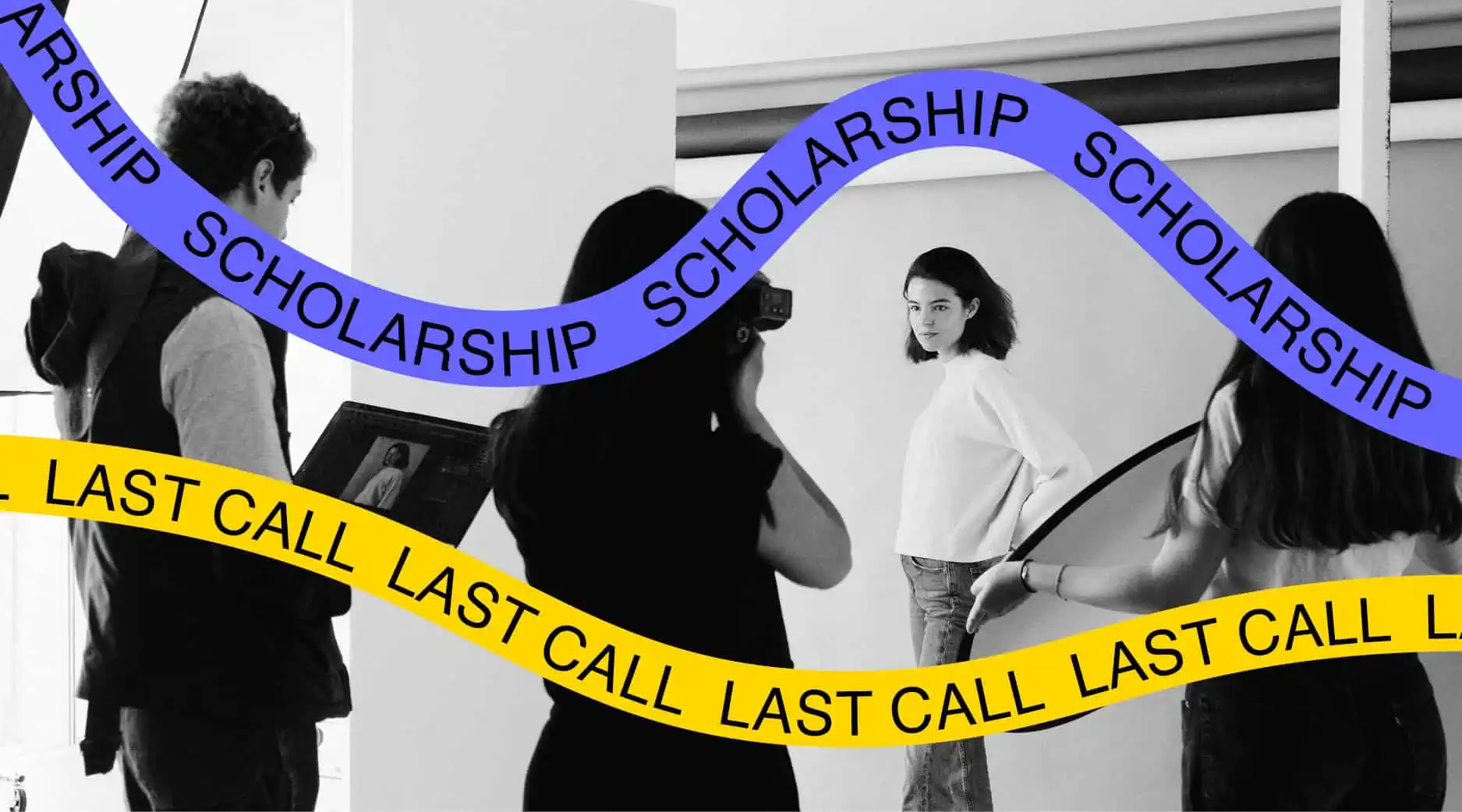 Last Call scholarship visual with students and scholarship ribbons, Raffles Milano